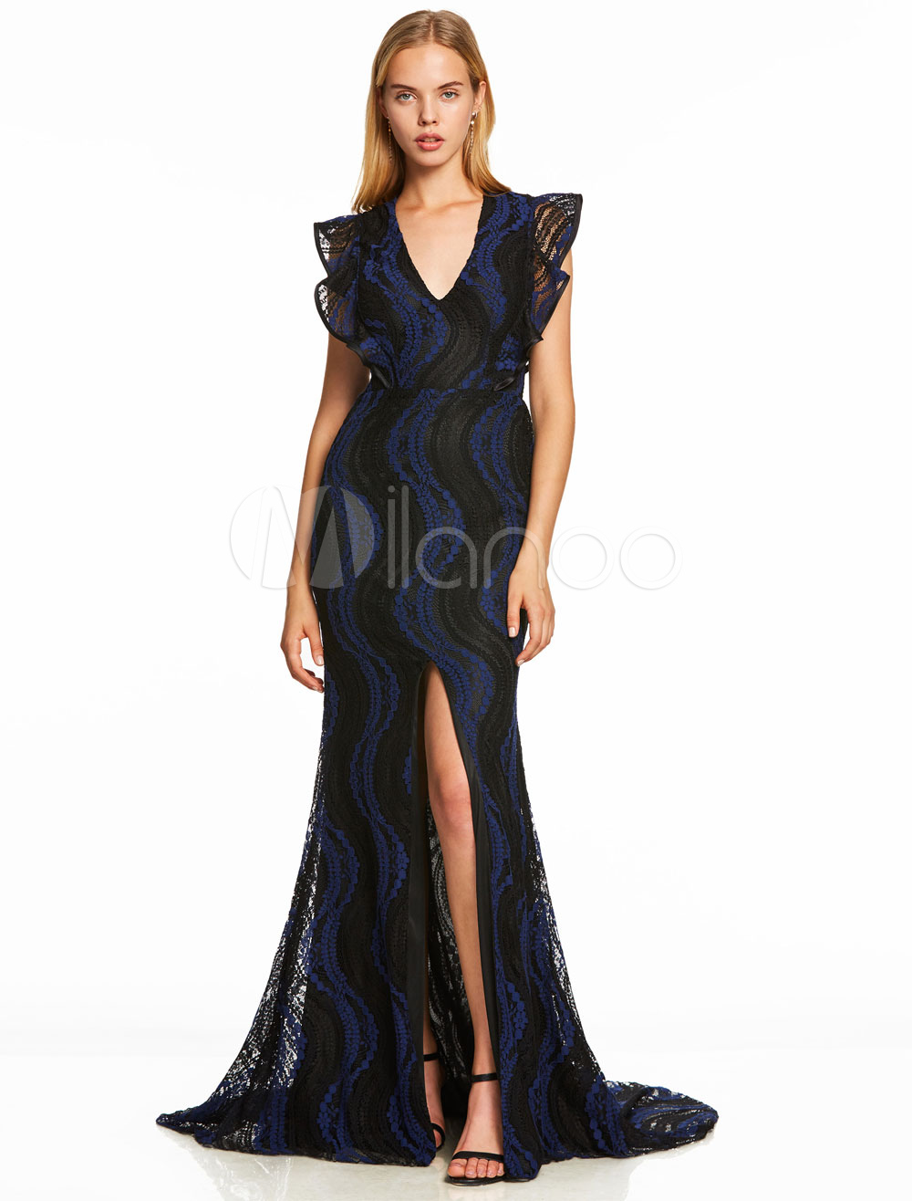 Evening Dresses Royal Blue Lace Sexy Split Long Prom Dress V Neck