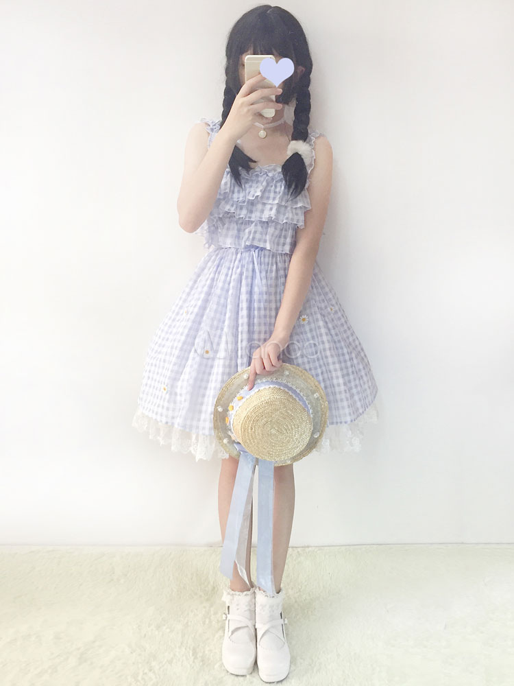 Sweet Lolita Jumper Skirt Daisy Chiffon Plaid Ruffle Light Blue Lolita ...