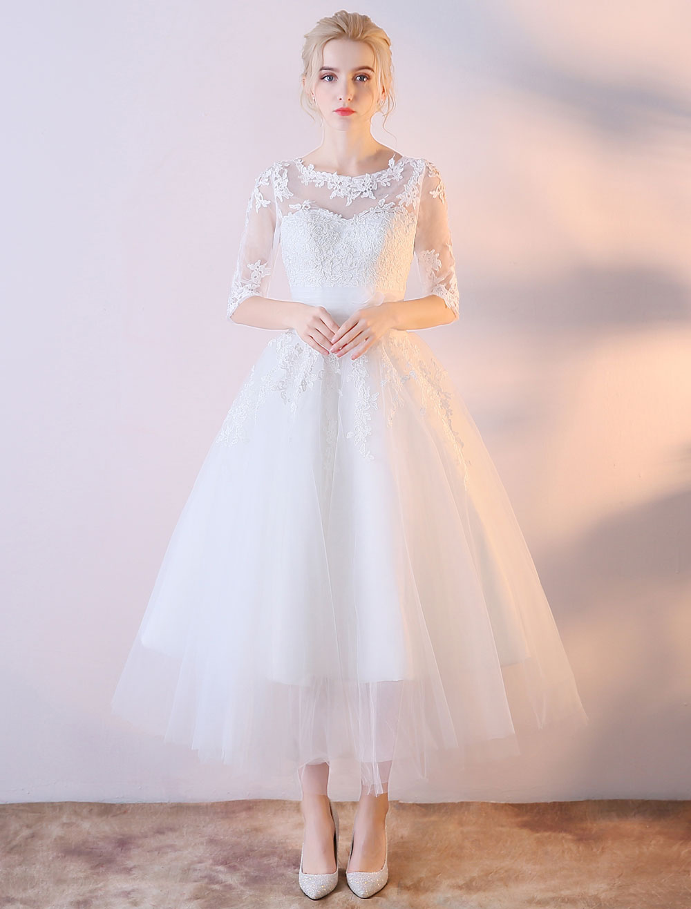 Short Wedding Dresses White Half Sleeve Lace Applique Tea Length Bridal ...
