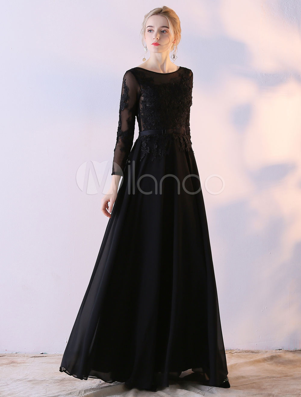 Black Prom Dresses Long Sleeve Maxi Evening Dress Lace Chiffon