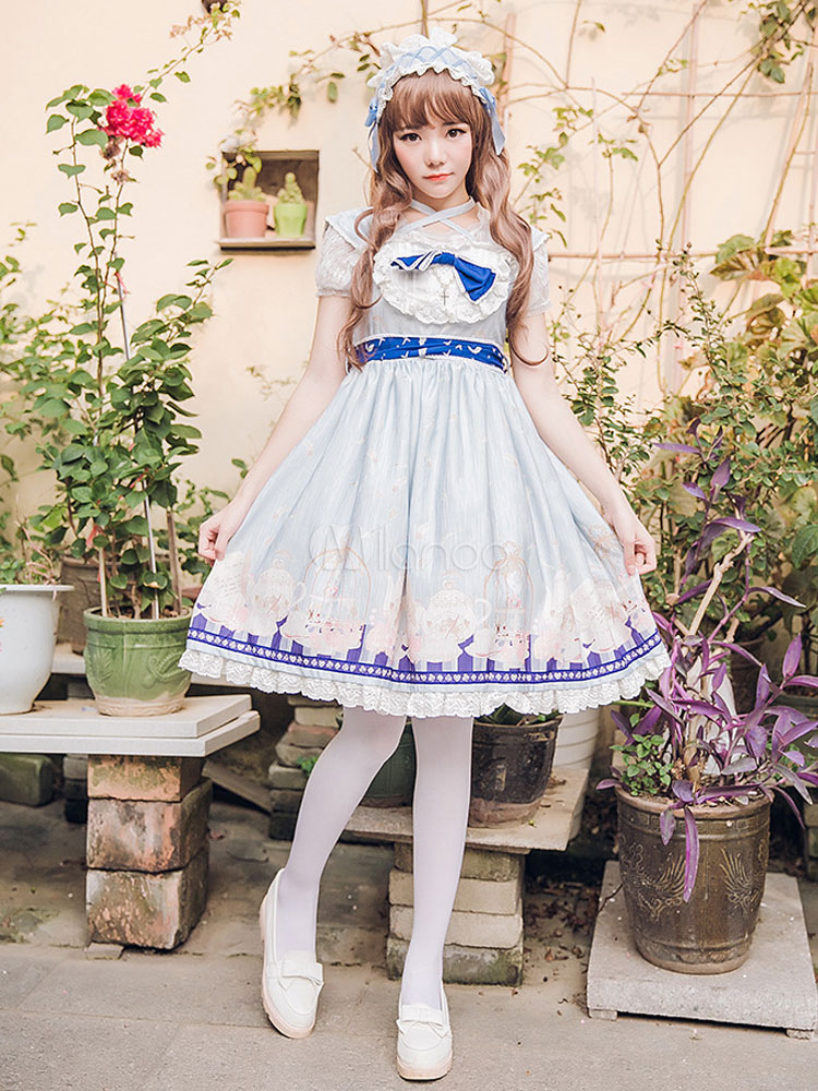 Sweet Lolita Dress OP Ruffle Pleated Print Bow Chiffon Lolita One Piece ...
