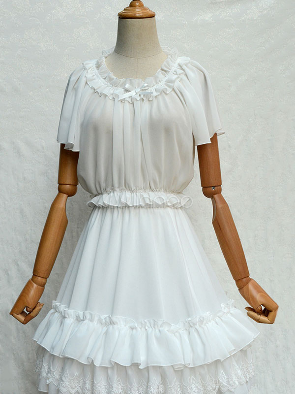 Classic Lolita Blouse Ruffle Pleated Bow Chiffon White Lolita Top ...