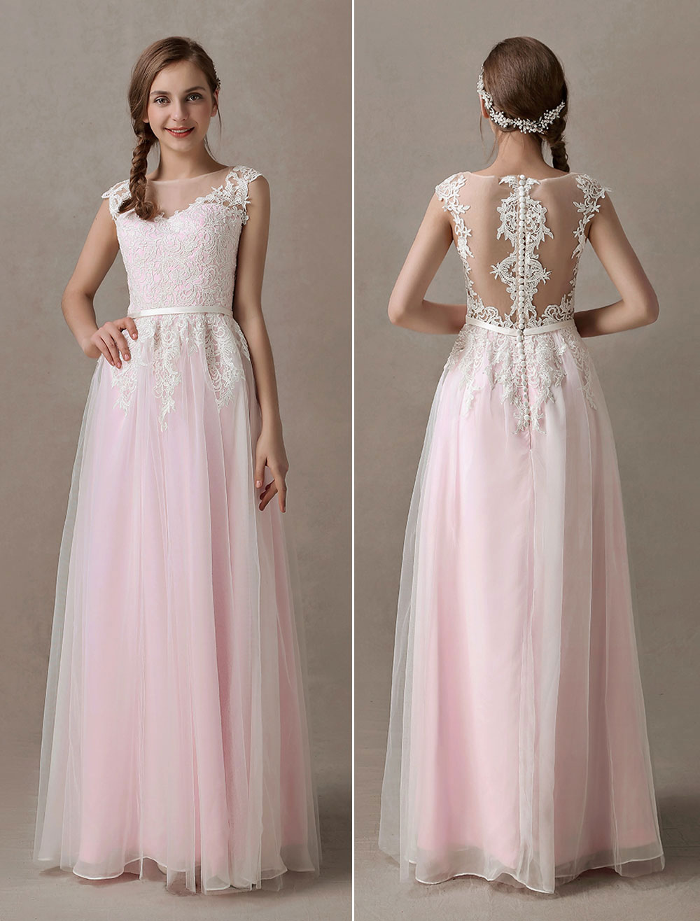 Wedding Dresses Soft Pink Lace Applique Tulle Summer Beach Bridal