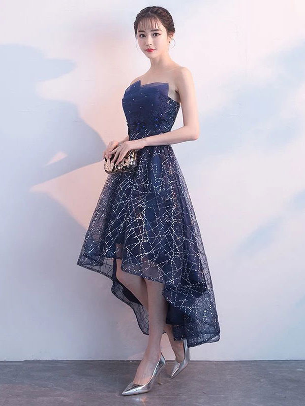 Short Prom Dresses Strapless Sequin Dark Navy High Low Cocktail Party ...