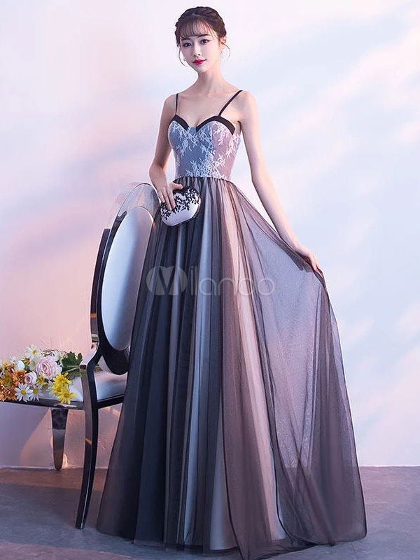 Black Prom Dresses Long Tulle Straps Lace Sweetheart Formal Dresses ...