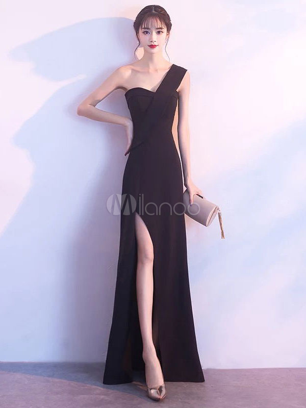 Black Prom Dresses Long Sexy Evening Dress Split One Shoulder Floor ...