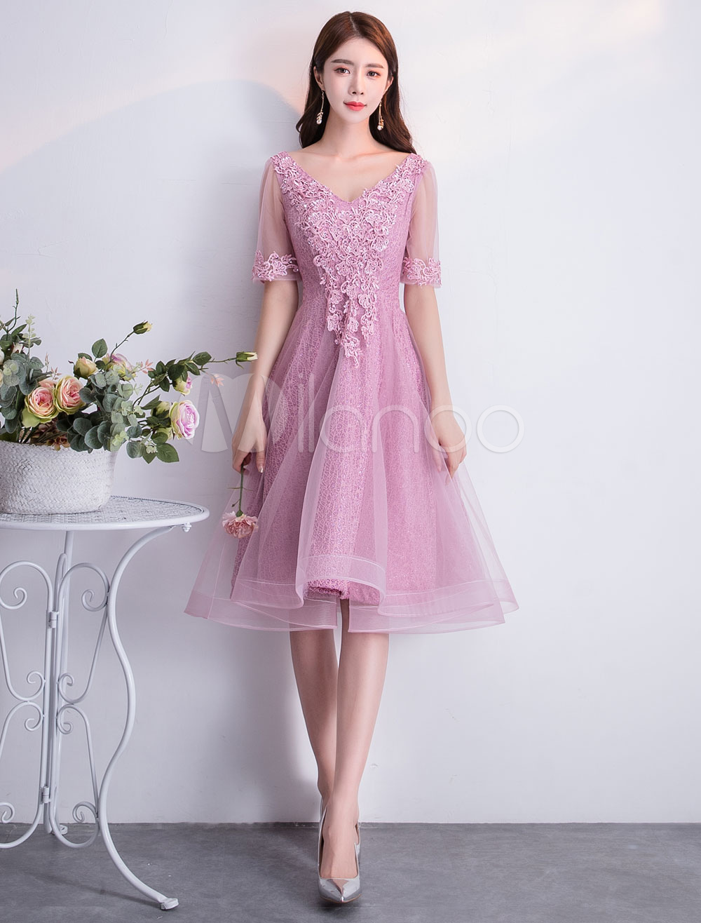 Prom Dresses Short Cameo Pink Lace Cute Graduation Dress Half Sleeve V ...