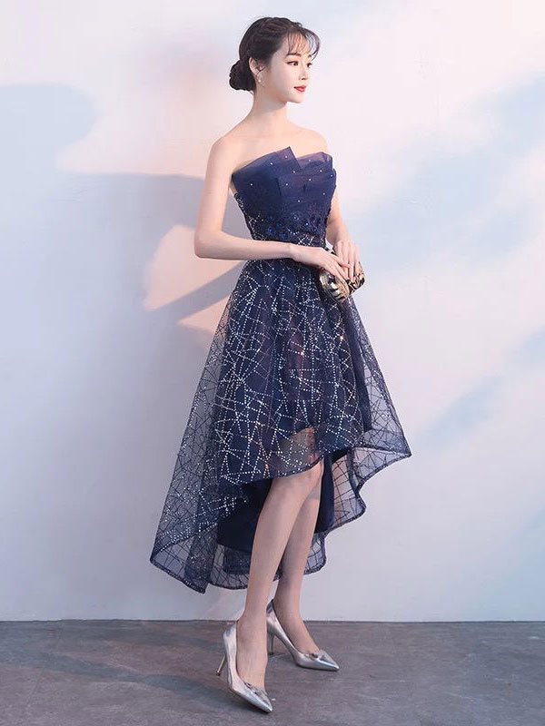 Short Prom Dresses Strapless Sequin Dark Navy High Low Cocktail Party ...