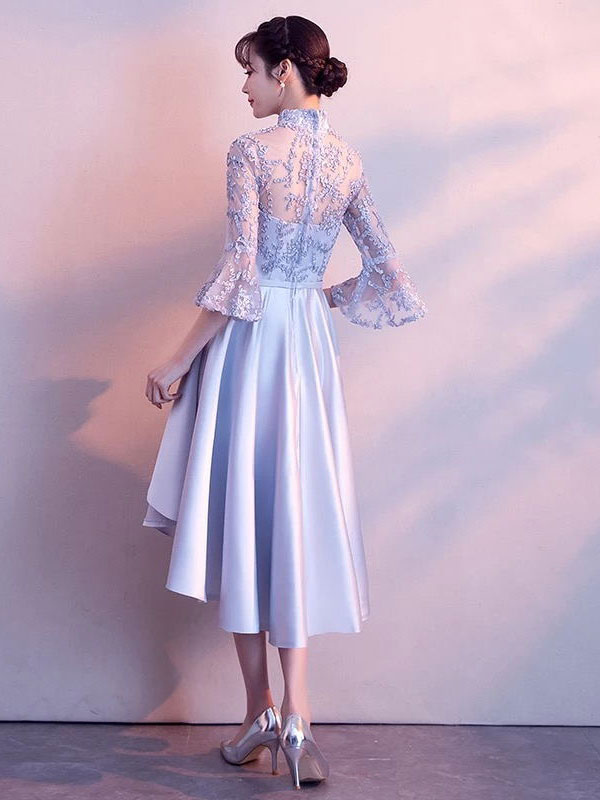 ライトグレーのカクテルドレススタンドカラーベルスリーブショートウエディングドレス非対称卒業ドレス - Milanoo.jp