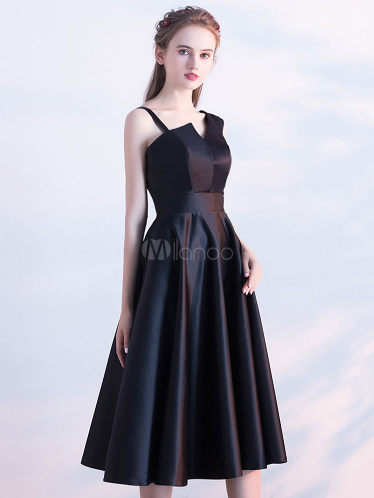 Little Black Dresses Satin Tea Length Cocktail Dress - Milanoo.com