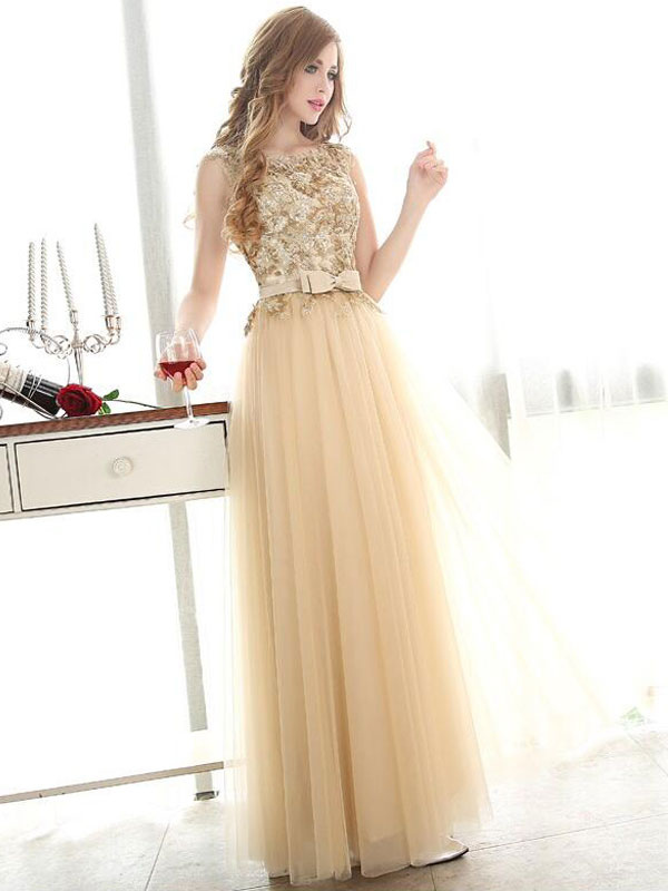 Prom Dresses Light Gold Lace Tulle Long Graduation Dress Bow Sash Floor ...