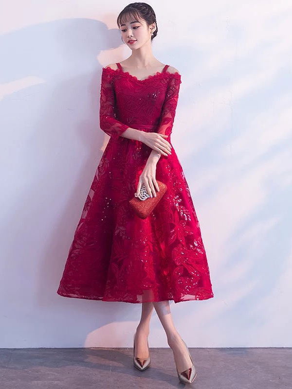 burgundy tea length formal dress