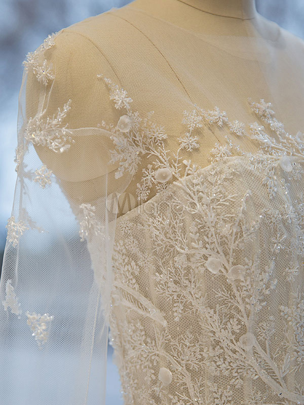 White Wedding Dresses A Line Lace Half Sleeve Tulle Illusion Bridal ...