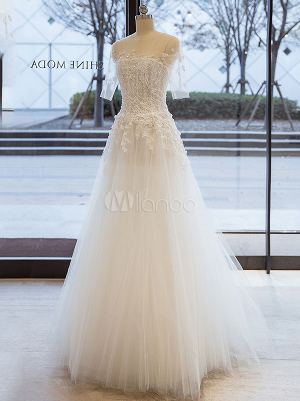 vestidos de novia blancos una línea de encaje de media manga tulle