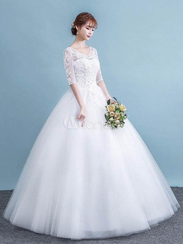 White Wedding Dresses Half Sleeve Lace Keyhole Tulle Princess Ball Gown ...