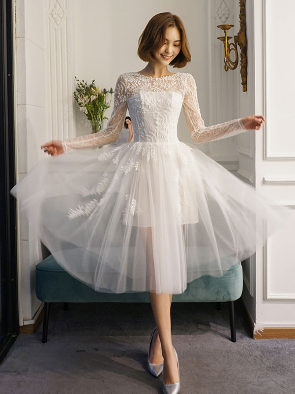 white lace tea length wedding dress