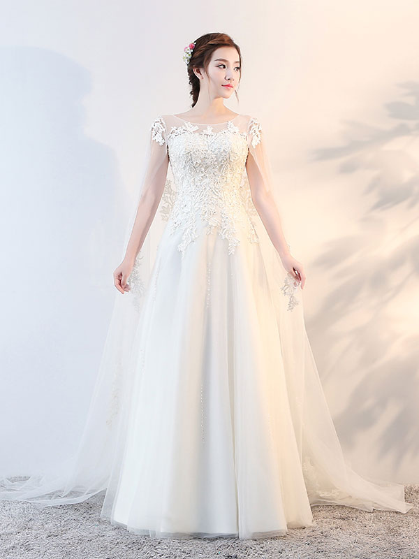 Wedding Dresses Watteau Train Ivory Lace Beaded Tulle Floor Length ...