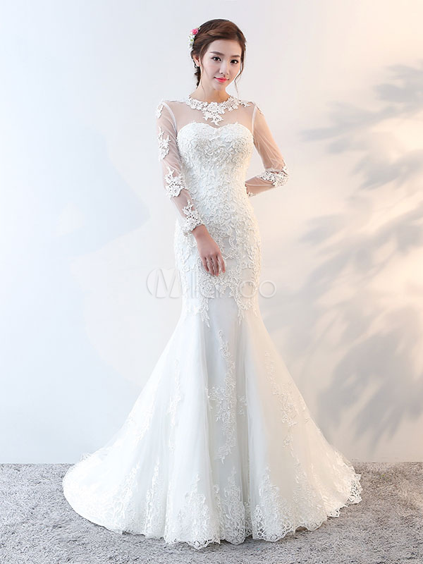 Mermaid Wedding Dresses Long Sleeve Lace Beaded Illusion Ivory Bridal ...