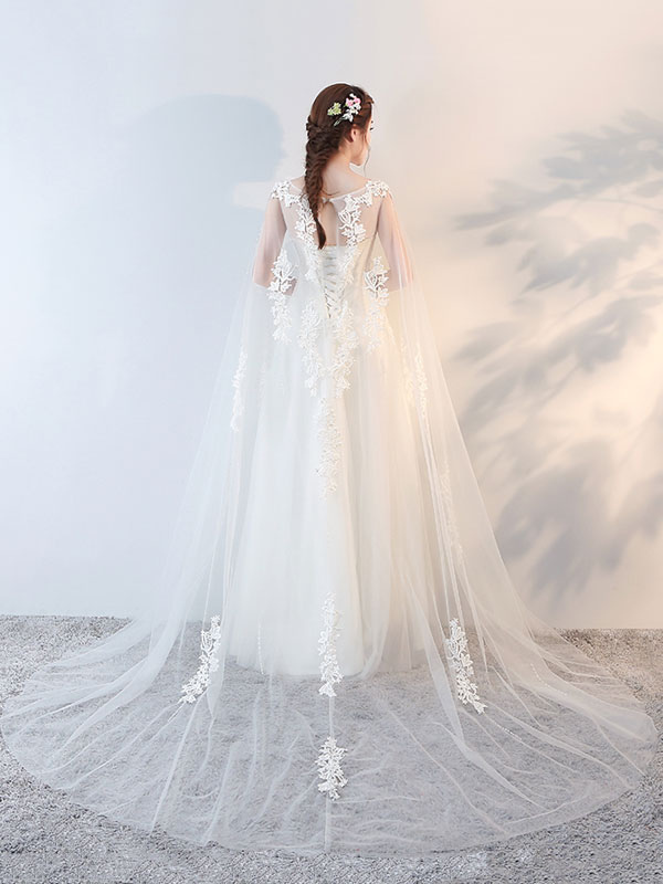 Wedding Dresses Watteau Train Ivory Lace Beaded Tulle Floor Length ...