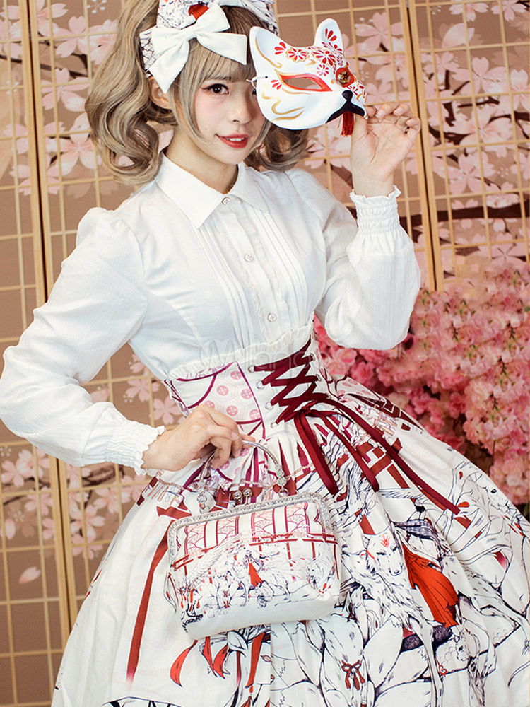 Classic Lolita SK Praying For God Print Ruffle Bow Pleated Deep Blue ...