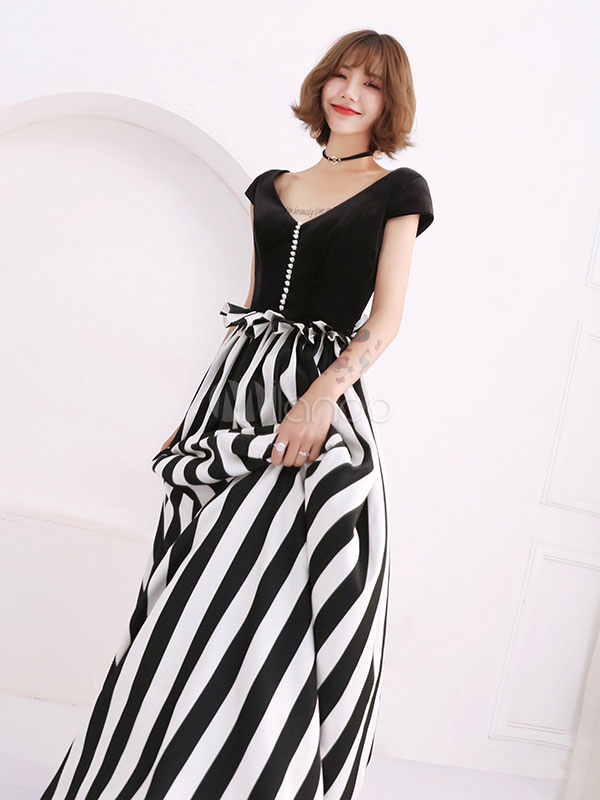 Black Prom Dresses Long Striped V Neck Pearls Floor Length Party Dress ...