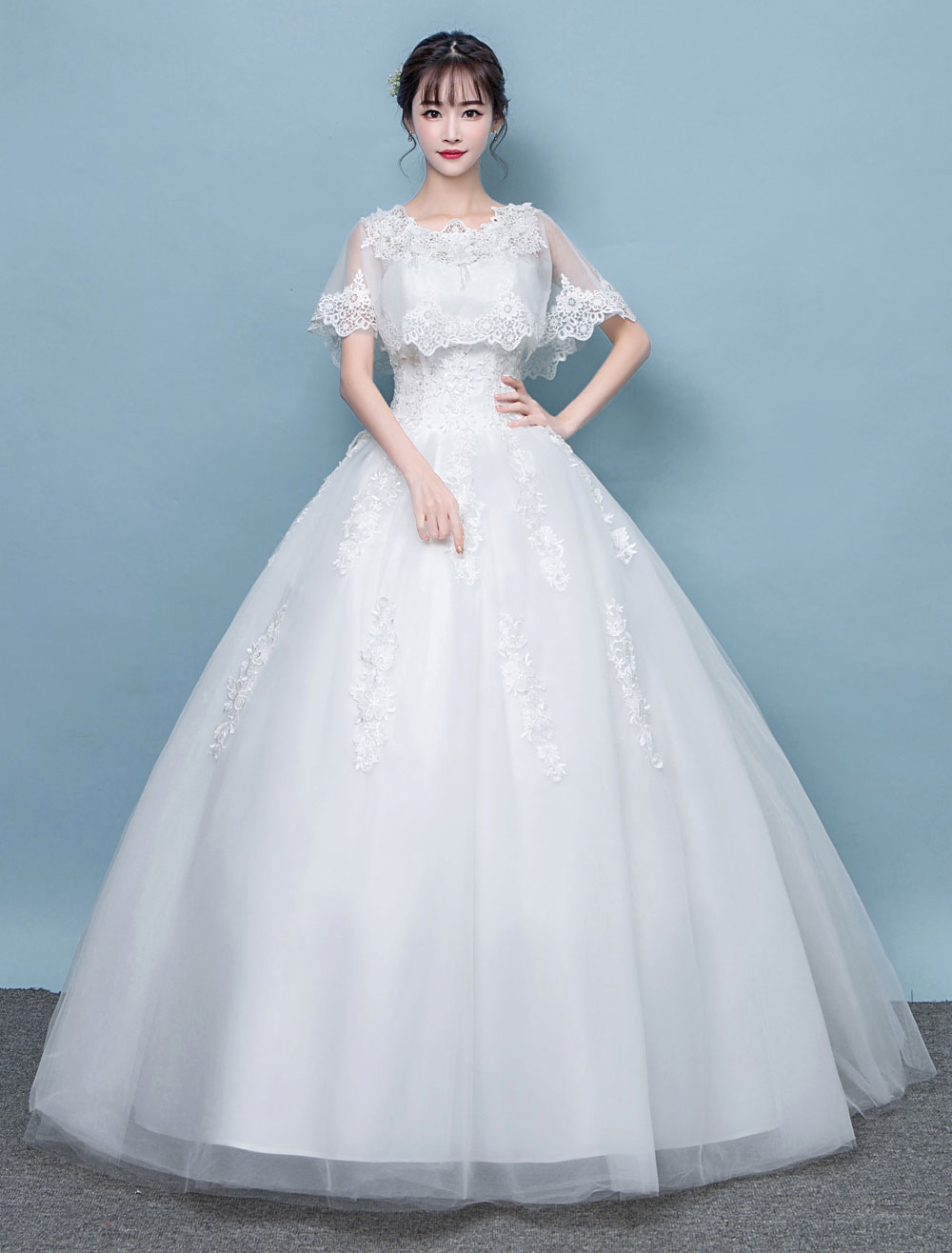 Wedding Dresses Ivory Lace Poncho Style Tulle Floor Length Bridal Dress ...