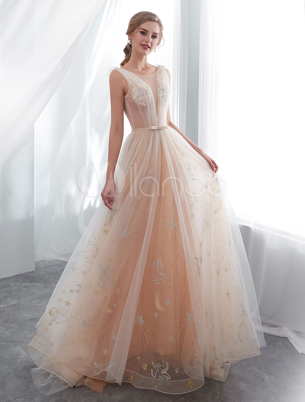 Champagne Prom Dresses Long Tulle Embroidered Bow Sash Formal Party ...