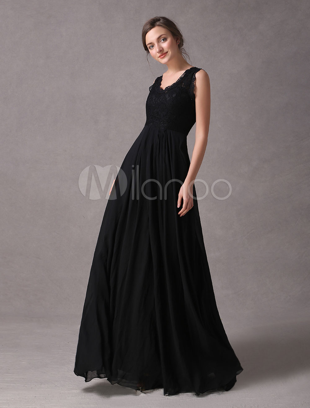 Black Prom Dresses Long Lace Chiffon Sleeveless V Neck Floor Length ...