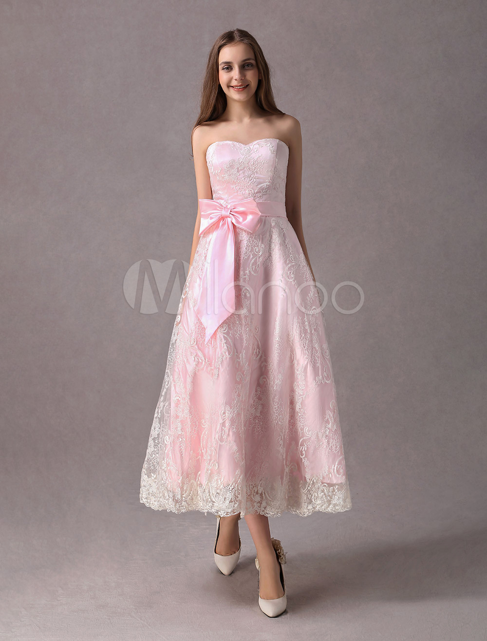 Lace Wedding Dresses Short Soft Pink Strapless Sweetheart Neckline Bow ...