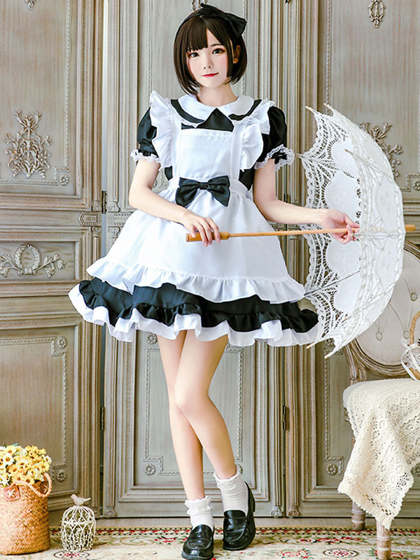 Maid Lolita Outfit Lace Ruffle Bow Lolita One Piece Dress With Apron -  
