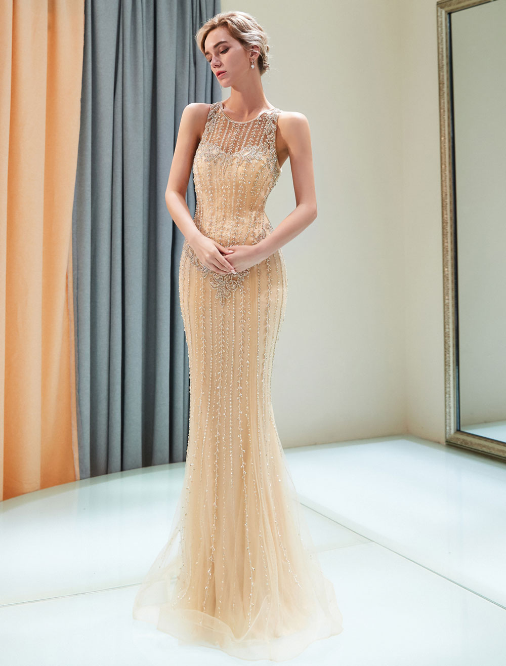 Robes de soirée de luxe sirène en tulle col rond dos transparent à ...