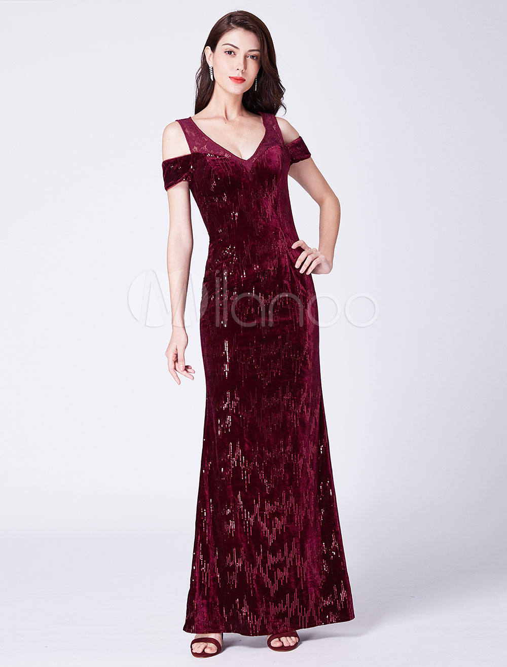 Evening Dresses Burgundy Sequin Cold Shoulder V Neck Lace Floor Length