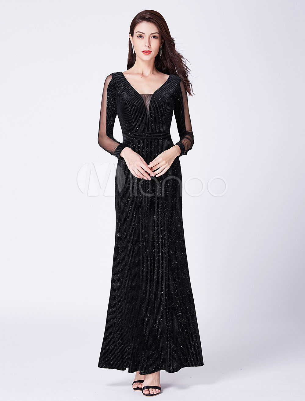 Black Evening Dresses Long Sleeve V Neck Illusion Sheath Sequin Floor ...