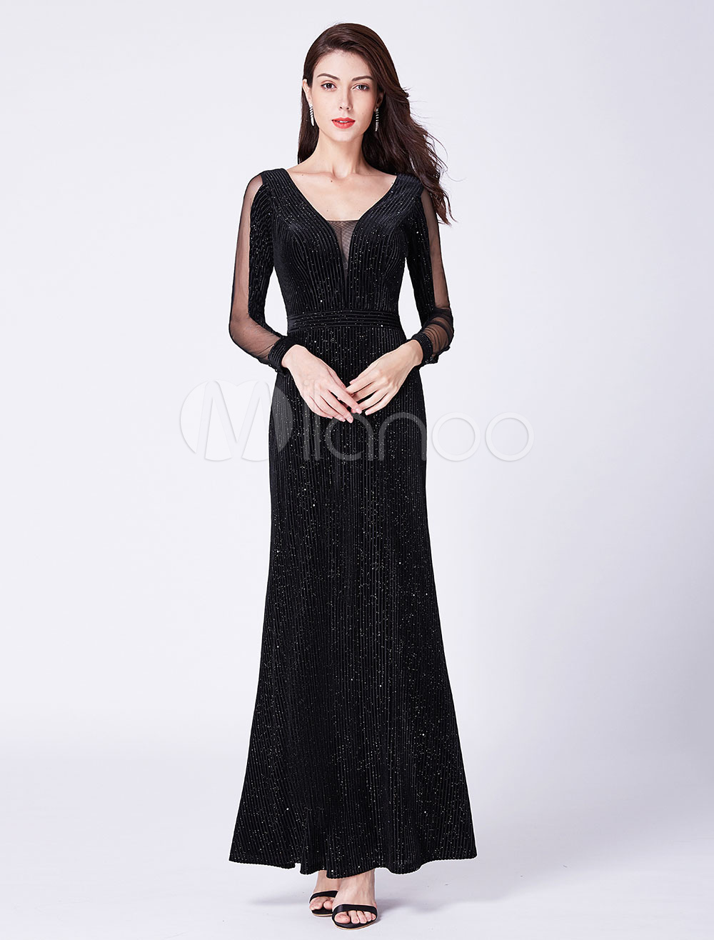 Black Evening Dresses Long Sleeve V Neck Illusion Sheath Sequin Floor Length Formal Gowns