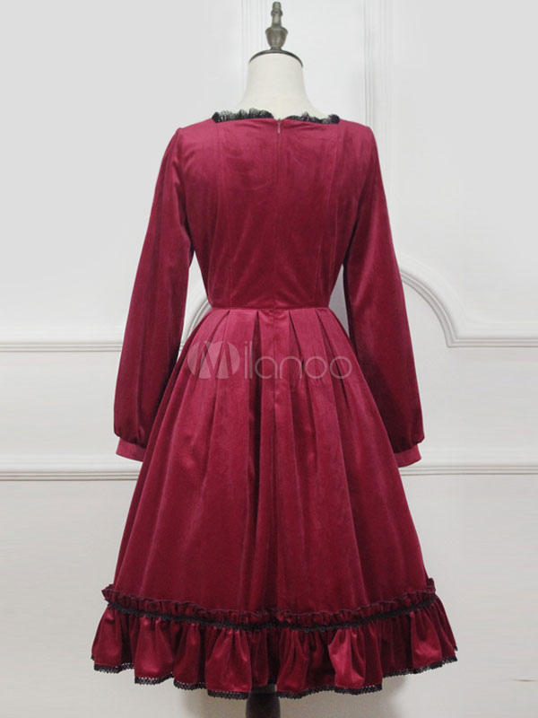 Gothic Lolita OP Dress Little Red Riding Hood Velour Lace Up Ruffle Bow ...