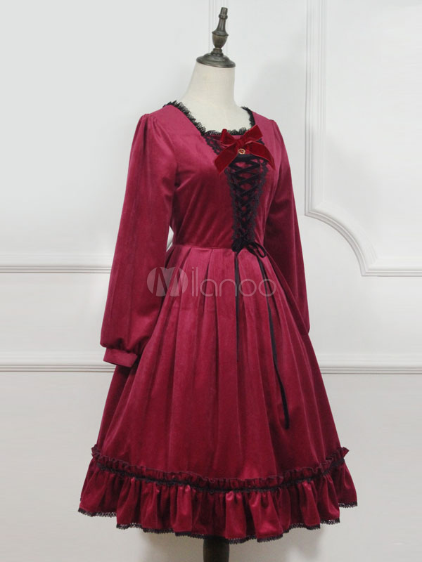 Gothic Lolita OP Dress Little Red Riding Hood Velour Lace Up Ruffle Bow ...