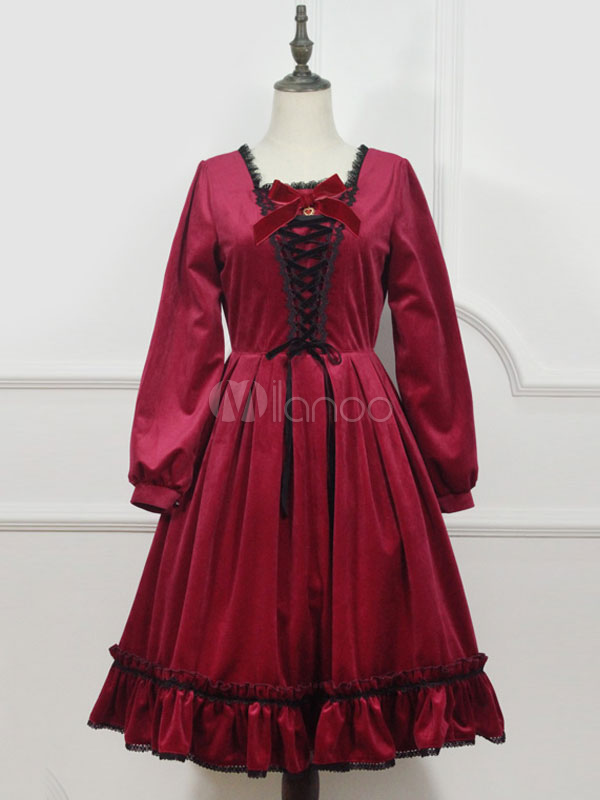 Gothic Lolita OP Dress Little Red Riding Hood Velour Lace Up Ruffle Bow ...