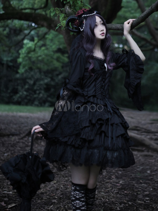 Gothic Lolita OP Dress Lilith Lace Ruffle Black Lolita One Piece Dress ...