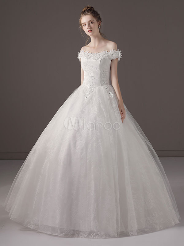 Princess Wedding Dresses White Ivory Bridal Ball Gown Lace Applique Off Shoulder