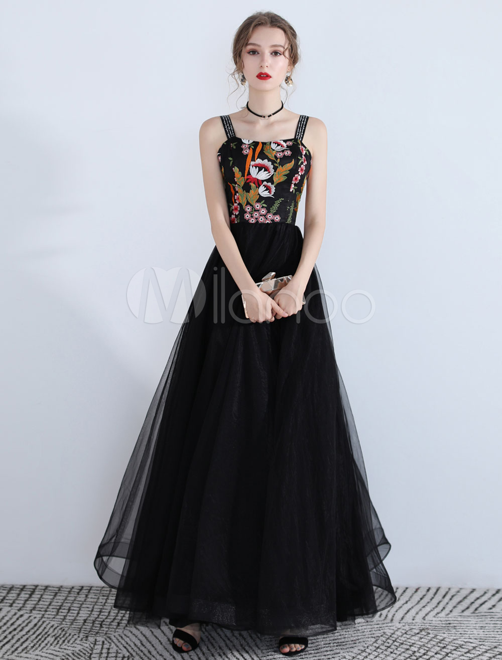 Black Prom Dresses Floral Embroidered Straps Tulle Formal Party Dress ...