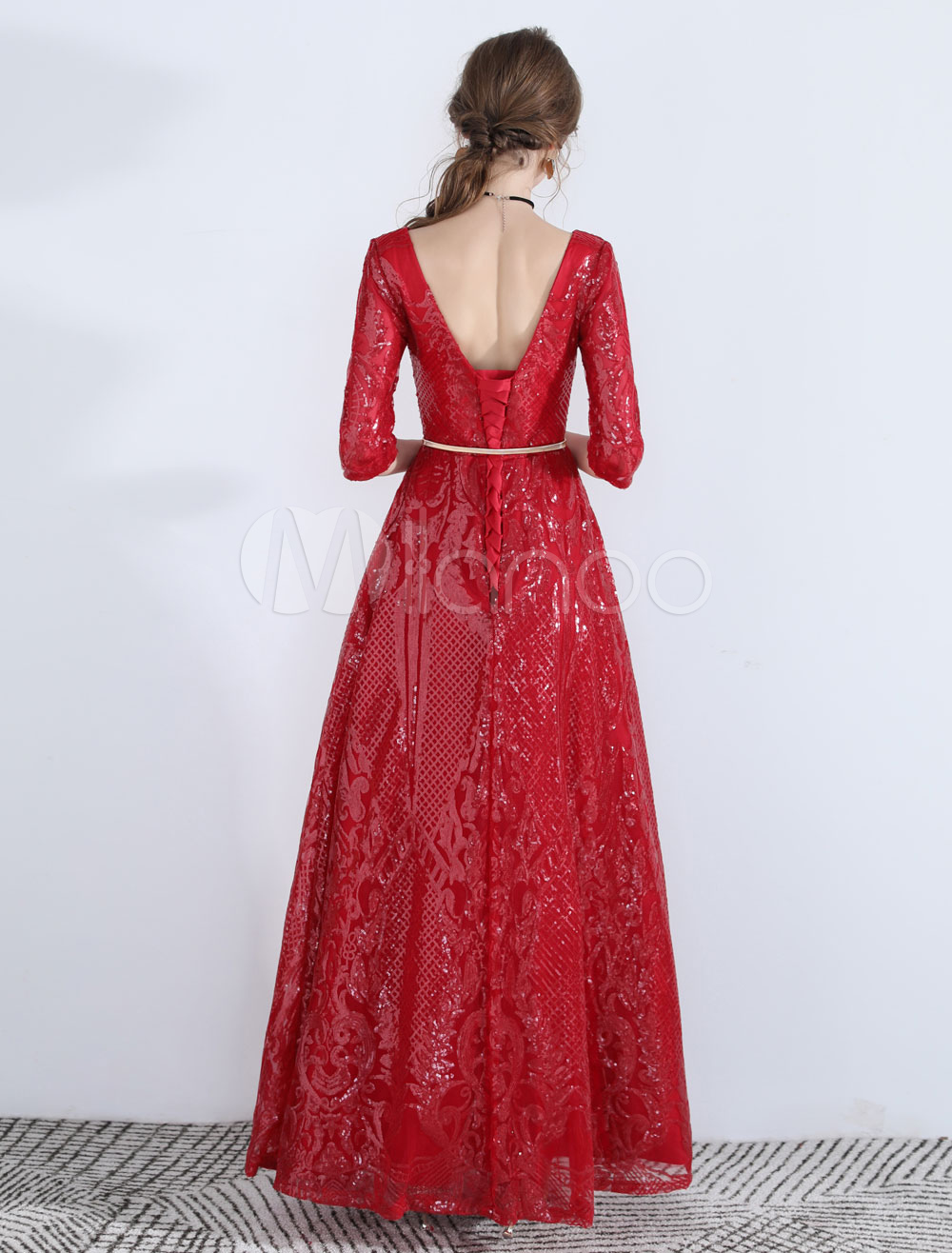 Sequin Evening Dresses V Neck Half Sleeve Backless Burgundy Long Prom ...
