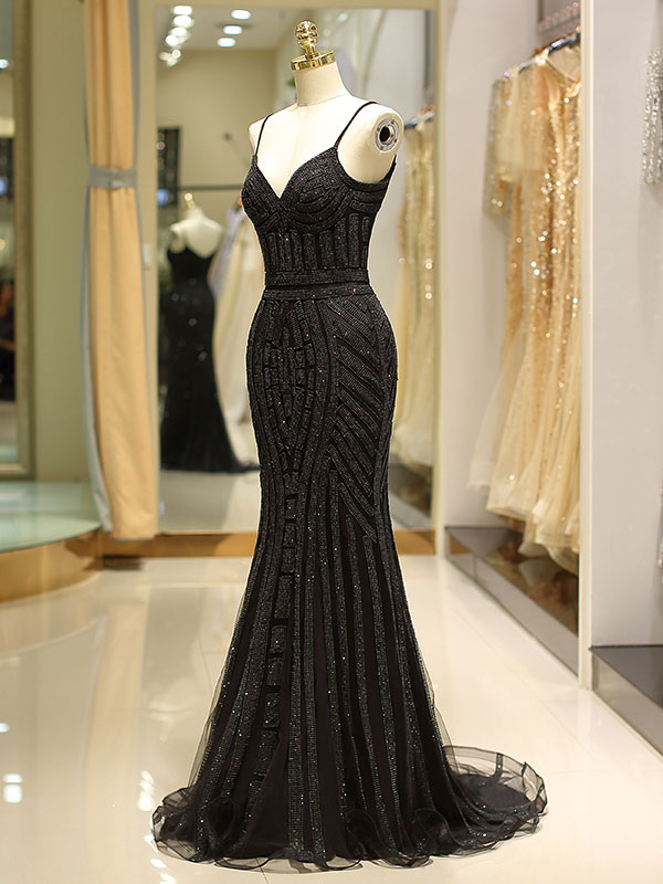 Black Prom Dresses Mermaid Luxury Heavy Beaded Straps Long Formal ...