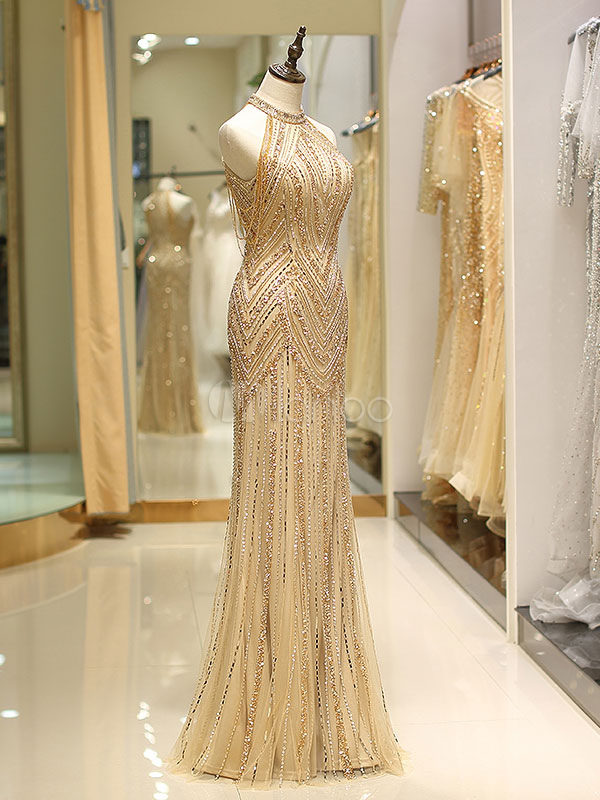 Prom Dresses Long Light Gold Halter Heavy Beaded Maxi Luxury Evening ...