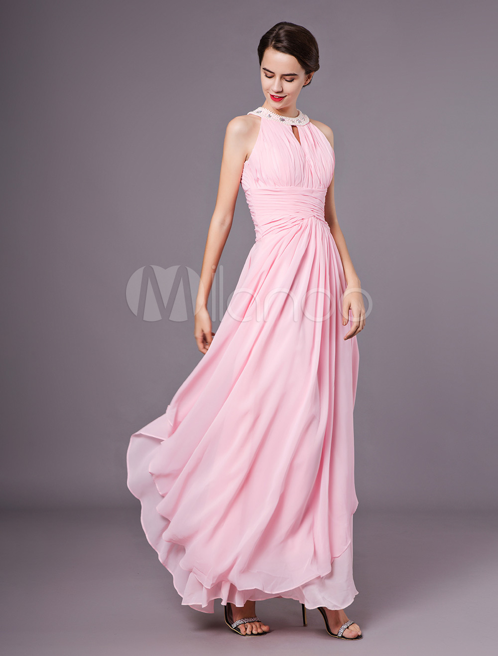 Soft Pink Prom Dresses Halter Chiffon Beaded Keyhole Floor Length