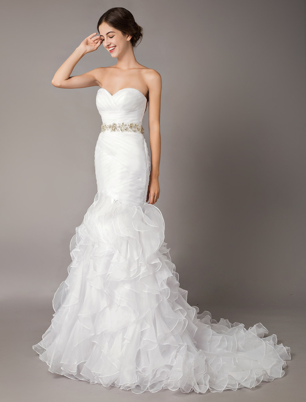 White Wedding Dresses Mermaid Strapless Organza Beading Pleated Tiered ...