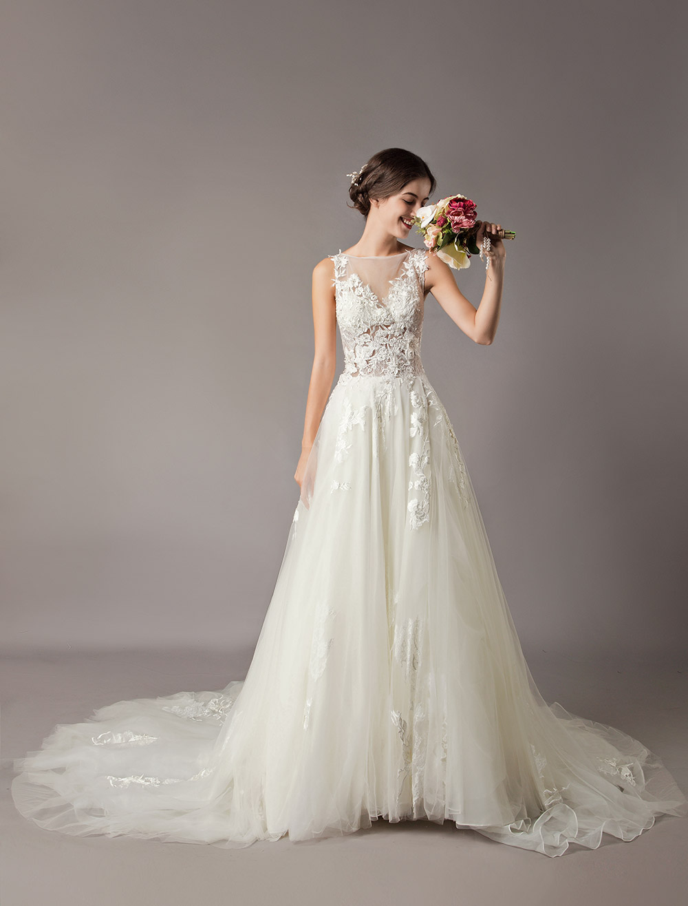 Wedding Dresses A Line Tulle V Neck Short Sleeves Lace Bridal