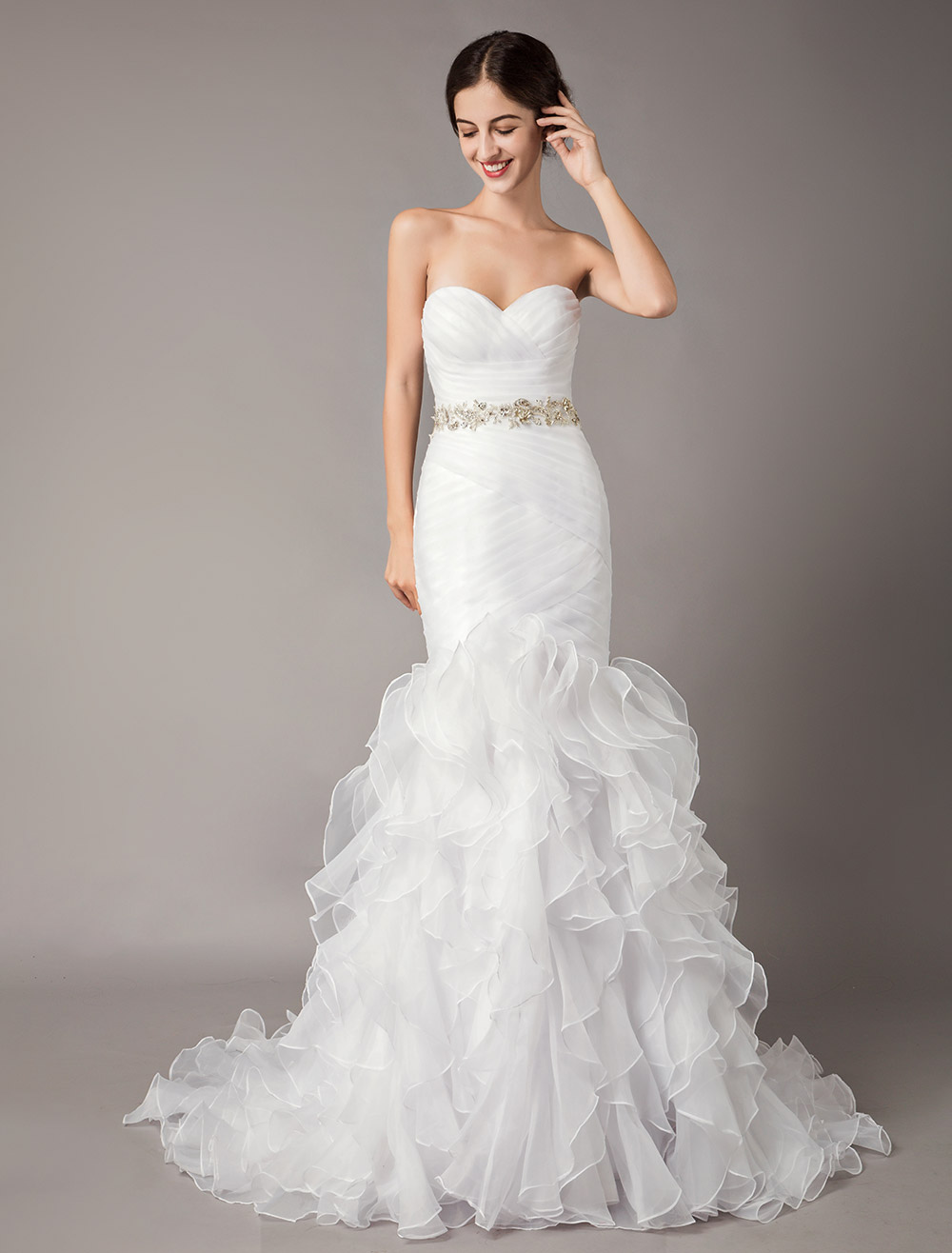 White Wedding Dresses Mermaid Strapless Organza Beading Pleated Tiered ...