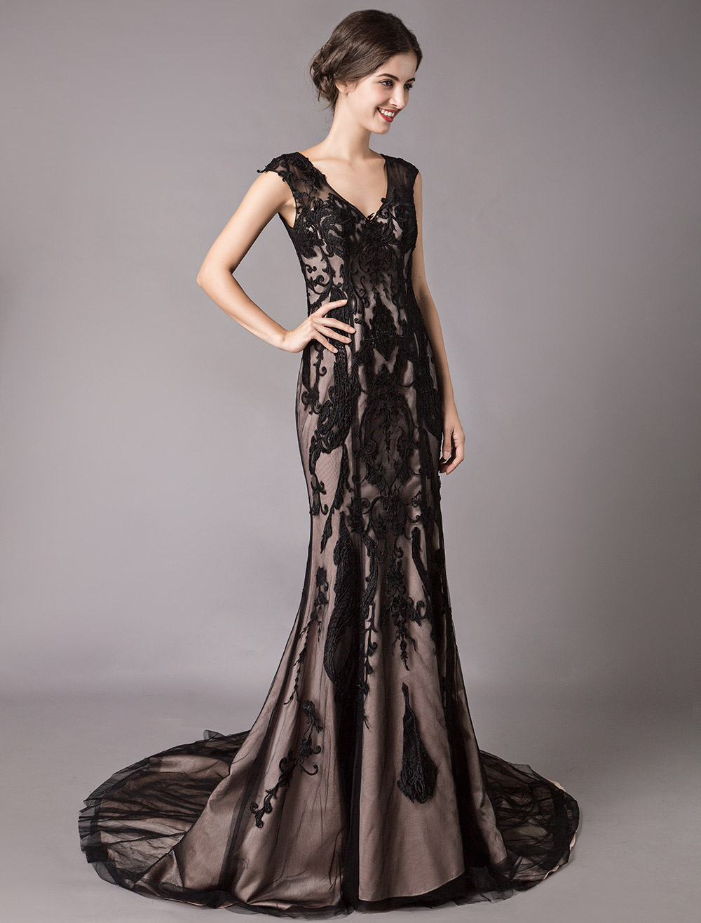 black v neck wedding dress