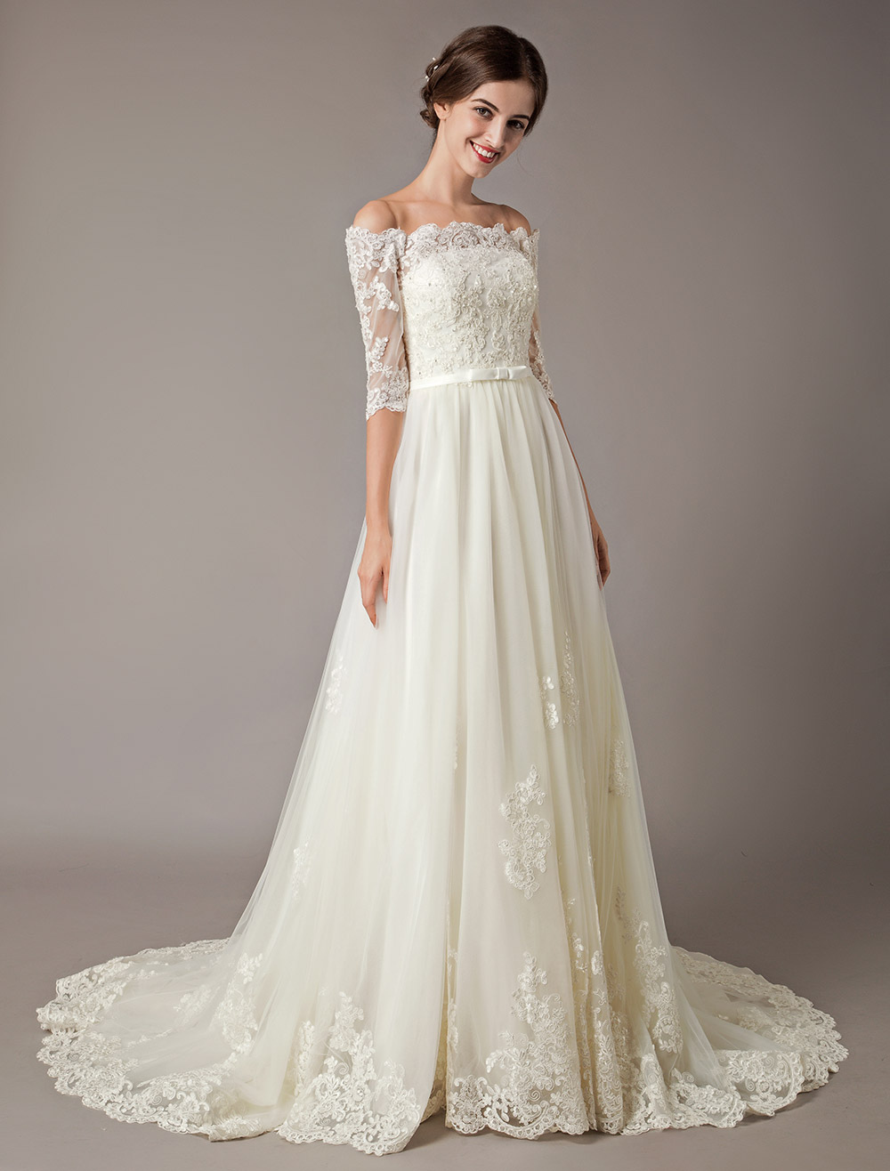 Wedding Dresses Ivory Off The Shoulder Half Sleeve Lace Beaded Bow Sash ...