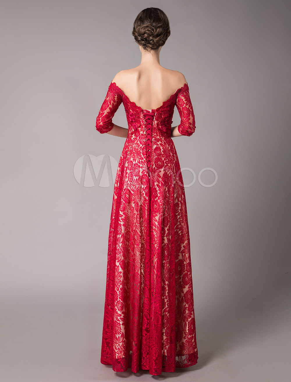 Burgundy Prom Dresses Off Shoulder Lace Half Sleeve Floor Length Formal ...
